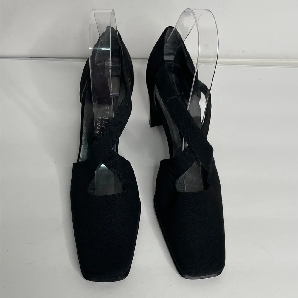 Stuart Weitzman Black Crisscross Square-Toe Block Heel Pumps - Picture 2 of 11